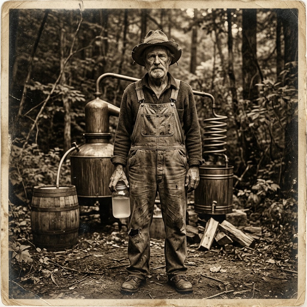 A hillbilly moonshiner standing before his copper still in the woods
