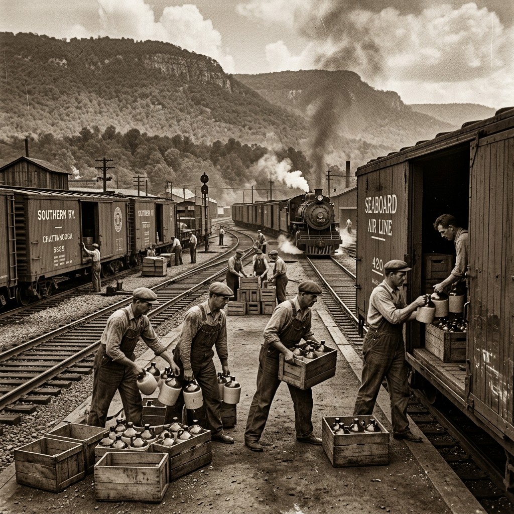 Bootleggers loading jugs onto a train in Chattanooga