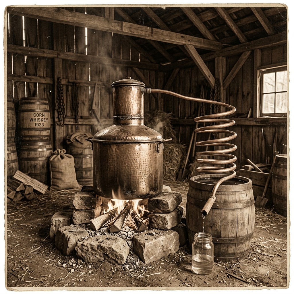 A copper pot still distilling moonshine in a rustic barn