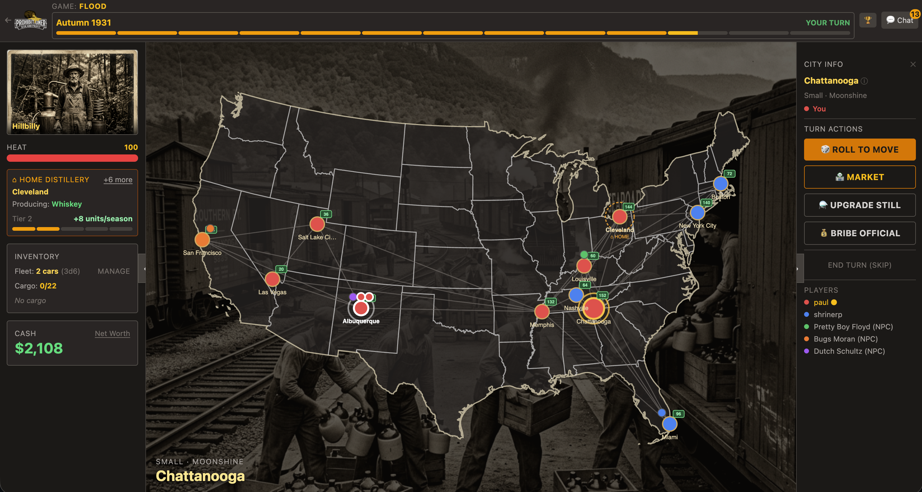 Prohibitioner game interface showing a US map with city connections, player inventory, and turn actions